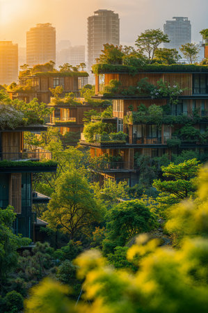 Eco-friendly sustainable city, where buildings seem to merge seamlessly with natureの素材