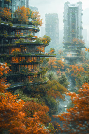 Eco-friendly sustainable city, where buildings seem to merge seamlessly with natureの素材
