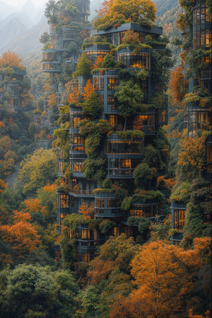 Eco-friendly sustainable city, where buildings seem to merge seamlessly with natureの素材