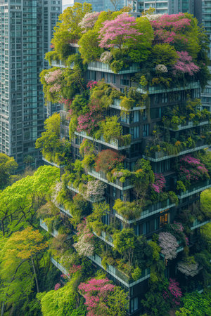 Eco-friendly sustainable city, where buildings seem to merge seamlessly with natureの素材