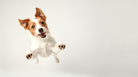 Jumping little cheerful dog isolated on white backgroundの素材