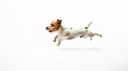 Jumping little cheerful dog isolated on white backgroundの素材