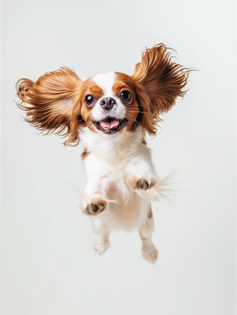 Jumping little cheerful dog isolated on white backgroundの素材