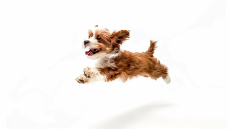 Jumping little cheerful dog isolated on white backgroundの素材
