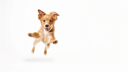 Jumping little cheerful dog isolated on white backgroundの素材