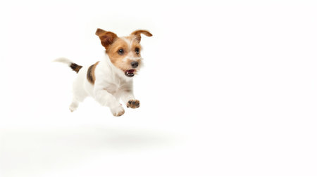 Jumping little cheerful dog isolated on white backgroundの素材