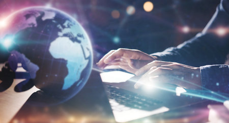 Man working with laptop. Global networking conceptの写真素材