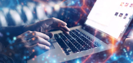 Man working with laptop. Global networking concept