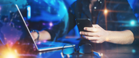 Man pointing on smartphone screen, chatting in social networks, meeting website, searching internet,...