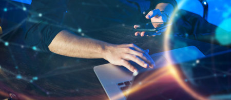 Man pointing on smartphone screen, chatting in social networks, meeting website, searching internet,...