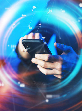 Man pointing on smartphone screen, chatting in social networks, meeting website, searching internet,...