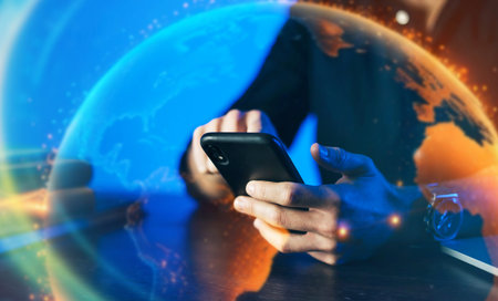 Man pointing on smartphone screen, chatting in social networks, meeting website, searching internet,...