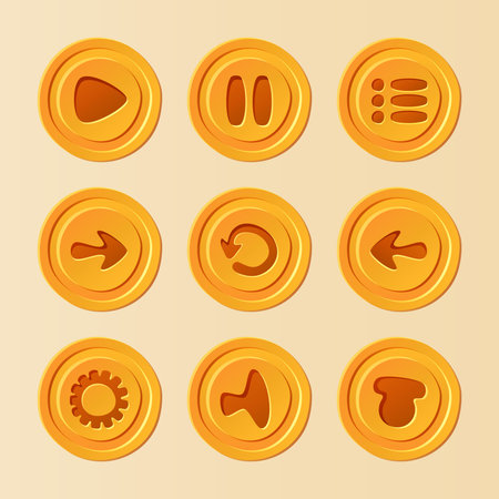 Game UI - vector set of buttons for mobile game or app, yellow play, pause, menu, reload, options, sound elements for developmentのイラスト素材