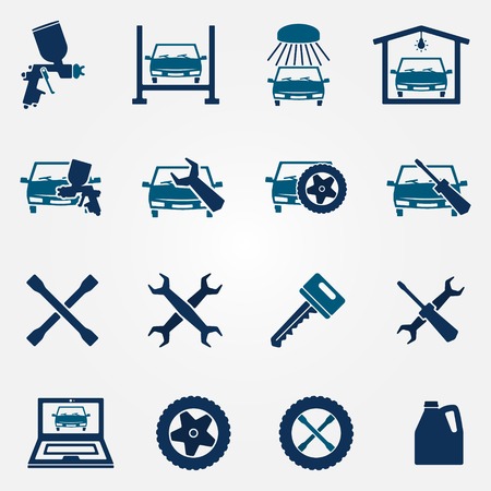 Auto service and repair flat icon set - vector car fix and car paint のイラスト素材
