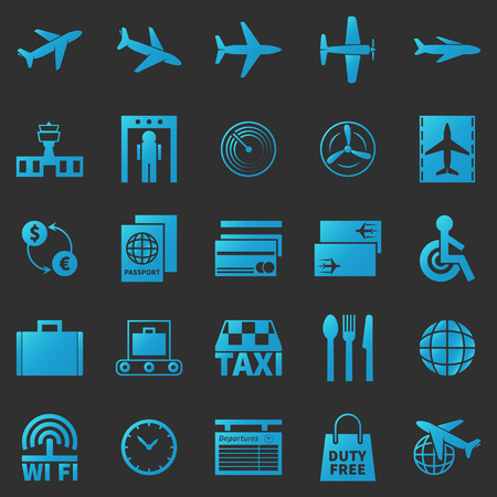 Airport icons set - vector blue symbols on dark backgroundのイラスト素材