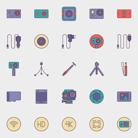 Action camera icons - vector colorful flat set of extreme video action cams and accessoriesのイラスト素材