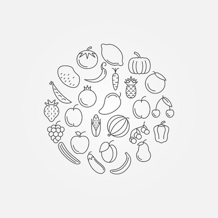 Fruits and vegetables illustration - vector healthy symbol in thin line styleのイラスト素材