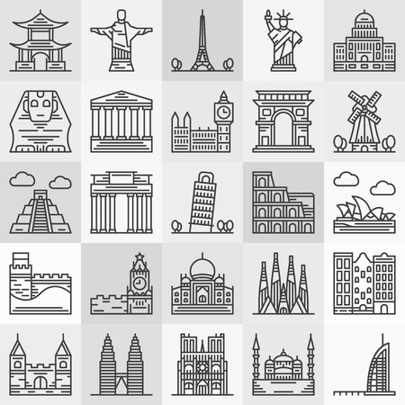 Travel landmarks icons - vector popular architecture and famous monument symbols in thin line styleのイラスト素材