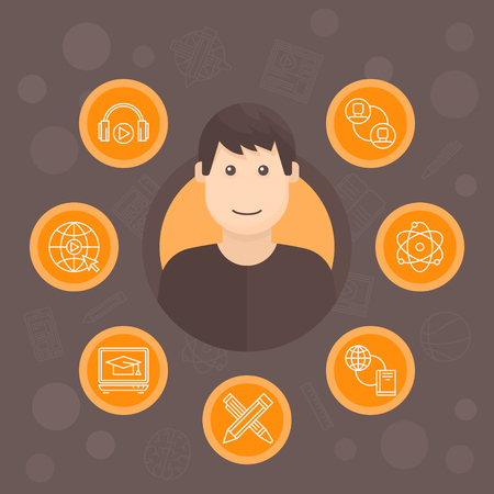 Online education illustration - vector student learning flat concept. Education or e-learning design. Boy with thin line iconsのイラスト素材