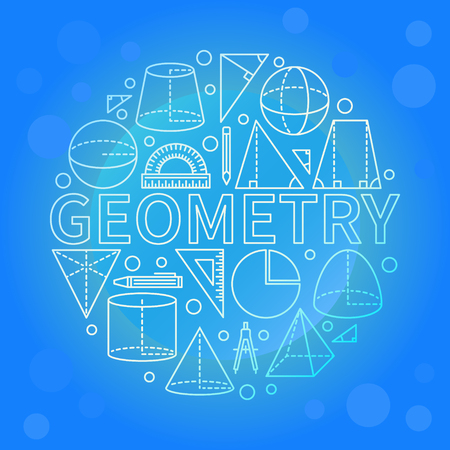 Blue geometry background - vector round planimetry and stereometry sign made with word Geometry and geometric shapes, pens and rulersのイラスト素材