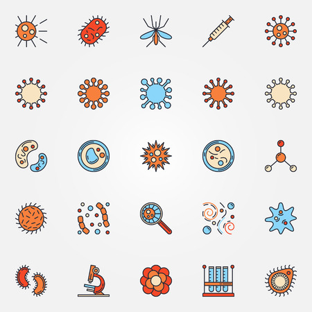 Vector virus icons - collection of colorful bacteria or microorganisms symbols. Flat medical virus symbolsのイラスト素材