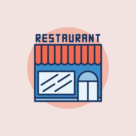 Restaurant building flat icon. minimal colorful restaurant symbol or sign on pink backgroundのイラスト素材