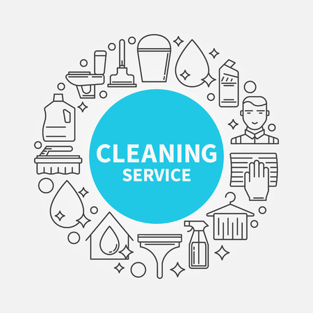 Cleaning service round design template. Vector linear house cleaning symbol or signのイラスト素材