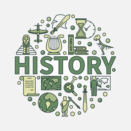 History green round symbol. Vector colorful flat circular symbol of the study of past events with word history in centerのイラスト素材