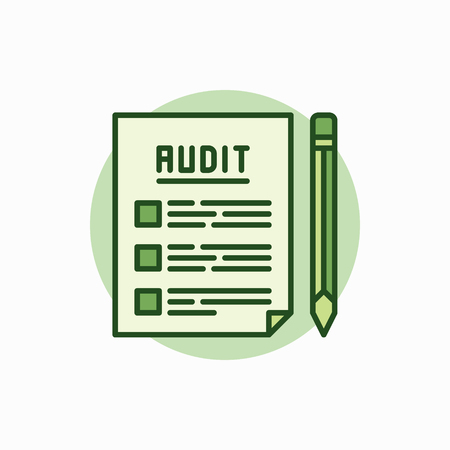 Audit documents green icon. Vector document with pencil concept flat symbol. Auditing colored signのイラスト素材