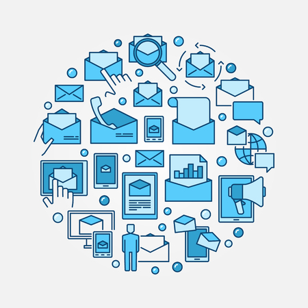 Email marketing blue illustraion. Vector round digital marketing colorful symbolのイラスト素材