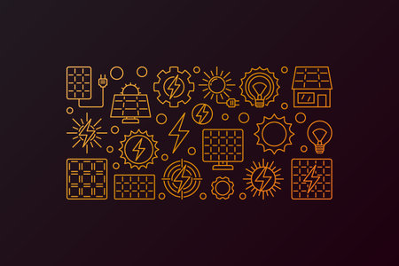 Solar energy concept illustration - vector golden banner made with outline sun, energy and solar panels iconsのイラスト素材
