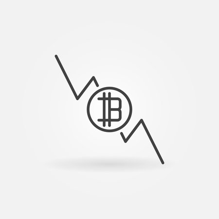 Bitcoin graph falls icon - vector cryptocurrency decline concept symbol in thin line styleのイラスト素材