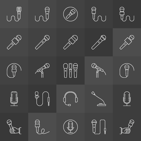 A Vector microphone icons collection. Linear mic symbols on dark backgroundのイラスト素材
