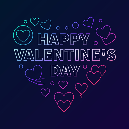 Happy Valentine's Day Heart vector colored and bright illustration for greeting cards in outline style on dark background のイラスト素材