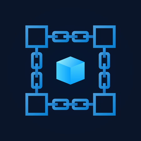 Chain with blue cube inside vector icon. Blockchain signのイラスト素材