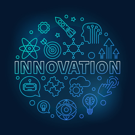 Innovation vector round blue illustration made of innovations icons in outline style on dark backgroundのイラスト素材