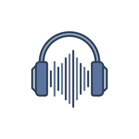 Blue Headphones with sound wave icon. Vector music concept sign on white backgroundのイラスト素材