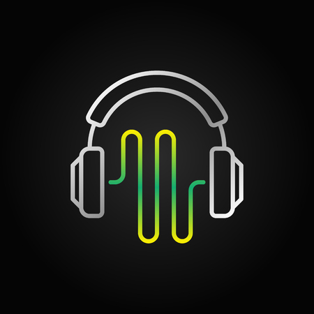 Vector minimal headphones with sound wave icon or sign in thin line style on dark backgroundのイラスト素材