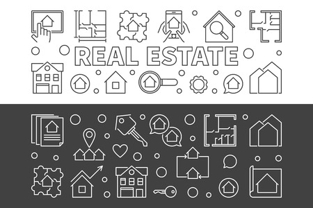 Real Estate vector set of 2 horizontal banners in line styleのイラスト素材