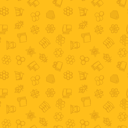 Beekeeping vector yellow seamless pattern or background in thin line styleのイラスト素材
