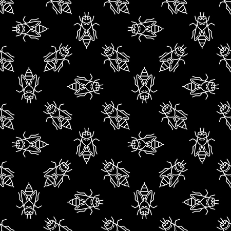 Bees vector dark seamless pattern in outline styleのイラスト素材