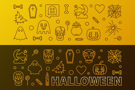 Two Halloween horizontal vector colorful outline bannersのイラスト素材