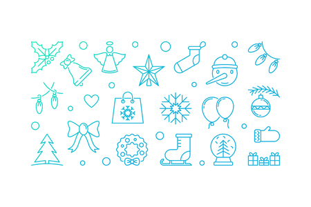 Christmas blue horizontal illustration. Vector outline bannerのイラスト素材