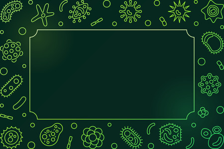 Virus green horizontal frame. Vector line virology illustrationのイラスト素材