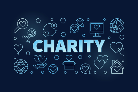 Charity vector blue horizontal outline illustration or banner on dark backgroundのイラスト素材
