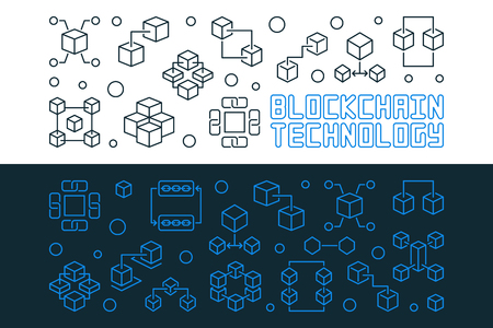 Blockchain technology concept horizontal banners in outline style. Vector illustrationのイラスト素材