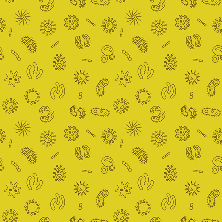 Bacteria and viruses vector seamless pattern in thin line style with yellow backgroundのイラスト素材