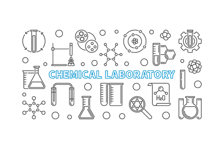 Chemical Laboratory vector outline illustration - chemistry concept banner made with test-tubes, jars, beakers and flasks linear iconsのイラスト素材