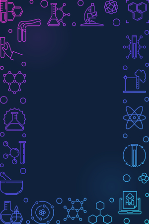 Chemistry colorful vertical background with chemical linear icons. Vector Frame with dark backgroundのイラスト素材
