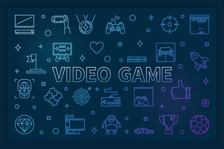 Video Game blue horizontal banner - vector linear illustrationのイラスト素材